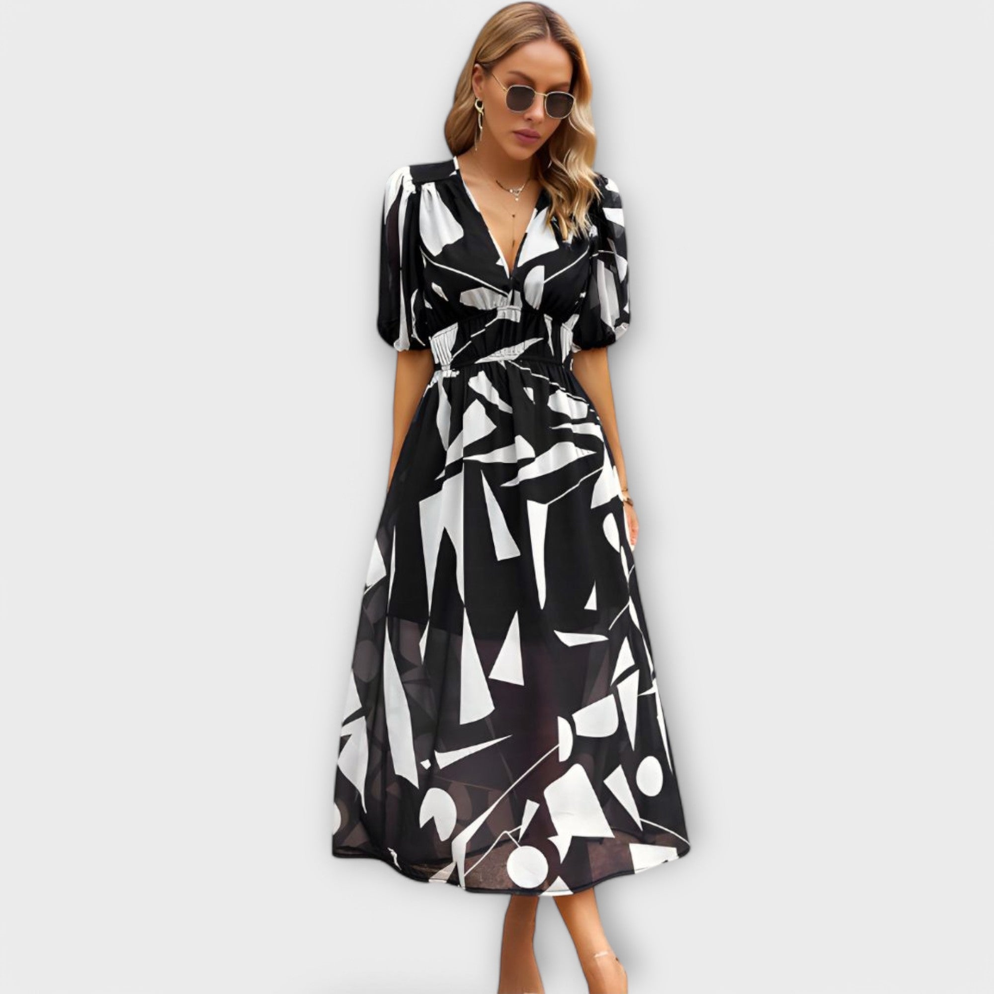 Abstract puff sleeve maxi dress